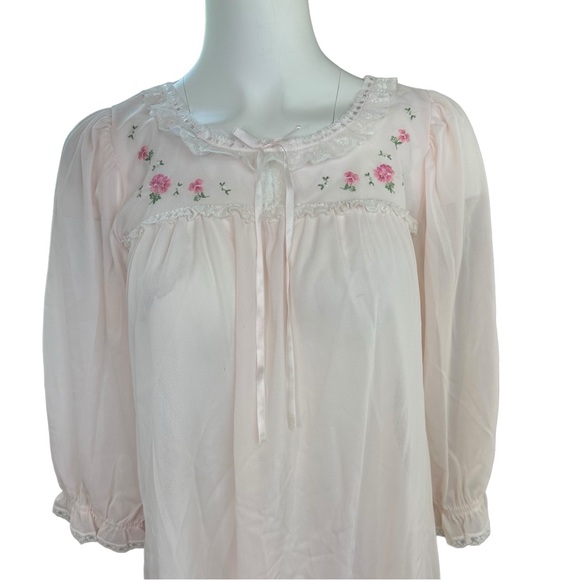 Miss Elaine Vintage ILGWU Pink Nylon Floral Embroidered Nightgown Small S - Picture 3 of 10